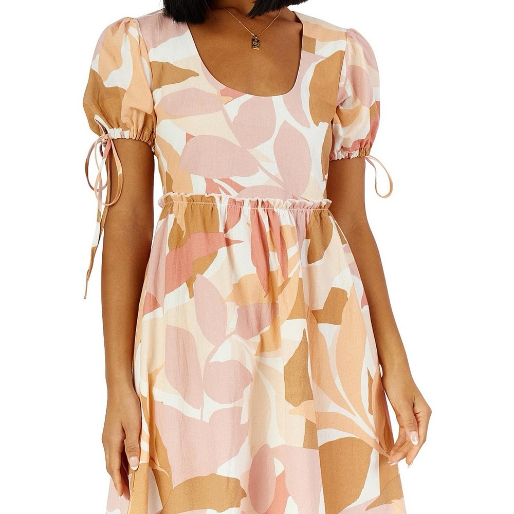 Girl and The Sun Women’s Avery Mini Dress Puff Sleeve Floral Print XS Pink Tan